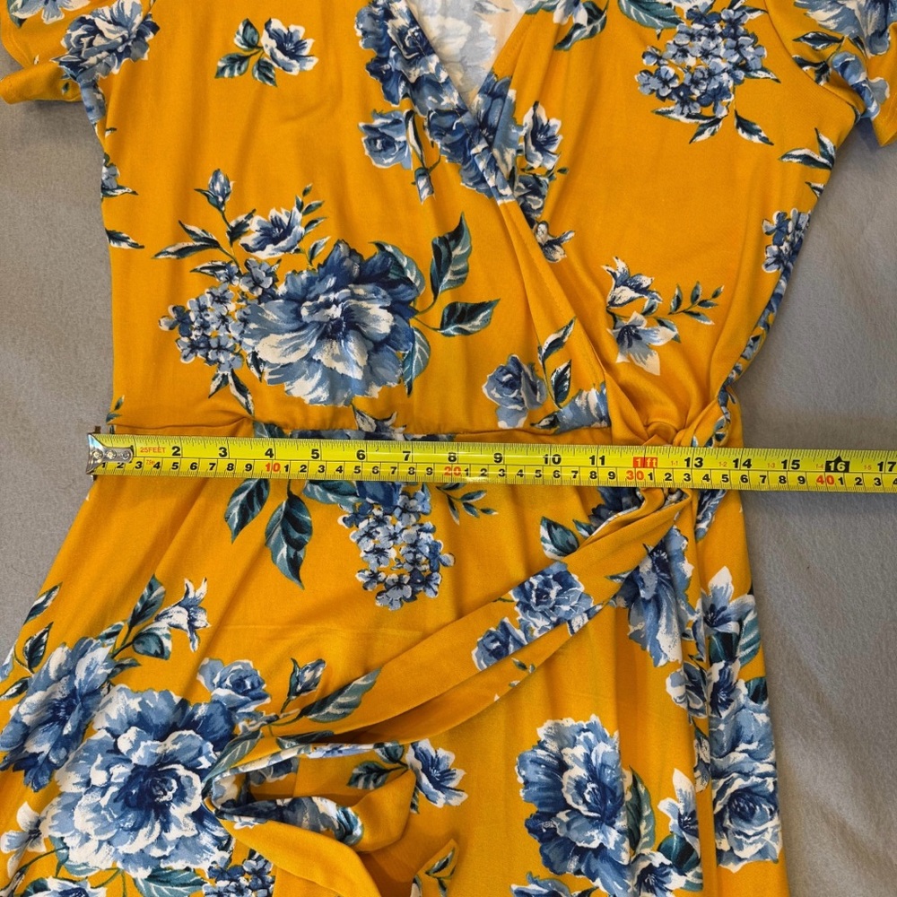 by & by | Mustard Yellow Blue Floral Wrap Maxi Dress | High-Low Hem | Size XL - Picture 4 of 10